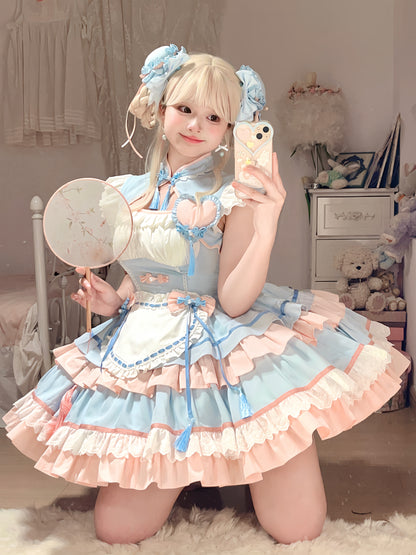 [Reservations] Sweet Cool Love Chinese Lolita Dress + Vest + Apron + Hair Accessories