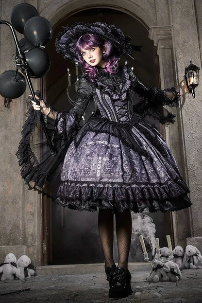 【10月30日予約締切】Purple And Black Gothic Lolita Dress Complete Set [Bunny Ear Hat Version/Witch Hat Version] (Witch Print Bustier Dress + Black Short-Sleeved Blouse + Bat Wing Back Train + Detachable Princess Sleeves)