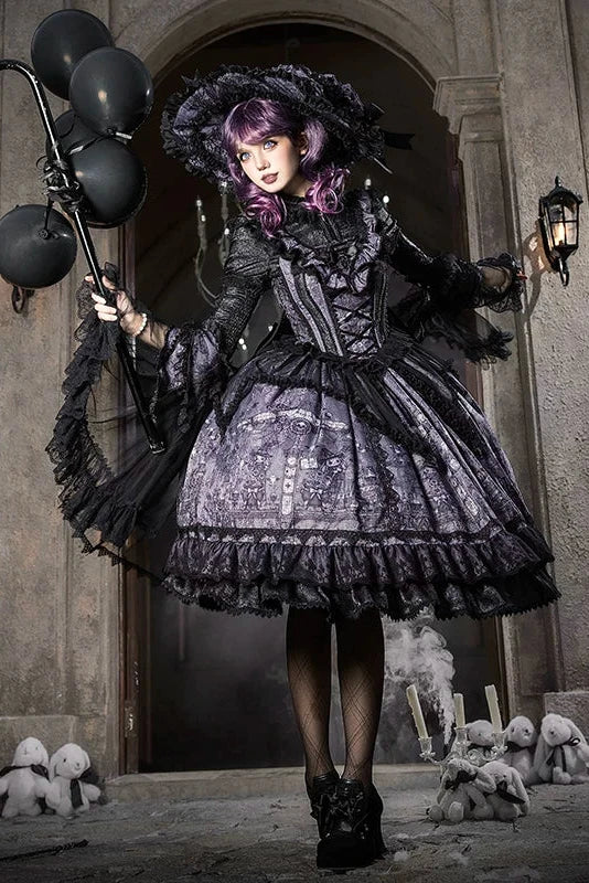 【10月30日予約締切】Purple And Black Gothic Lolita Dress Complete Set [Bunny Ear Hat Version/Witch Hat Version] (Witch Print Bustier Dress + Black Short-Sleeved Blouse + Bat Wing Back Train + Detachable Princess Sleeves)