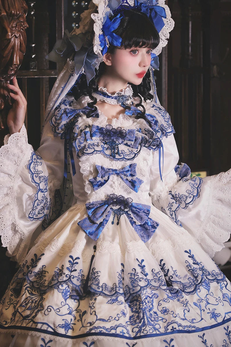 【8월 18일 예약 마감】블루 포슬린 자수 레이스 로리타 리본 드레스(롱·숏)＋드레스 구매자 한정 액세서리(헤어클립 한 쌍·초커)