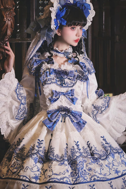 【8월 18일 예약 마감】블루 포슬린 자수 레이스 로리타 리본 드레스(롱·숏)＋드레스 구매자 한정 액세서리(헤어클립 한 쌍·초커)