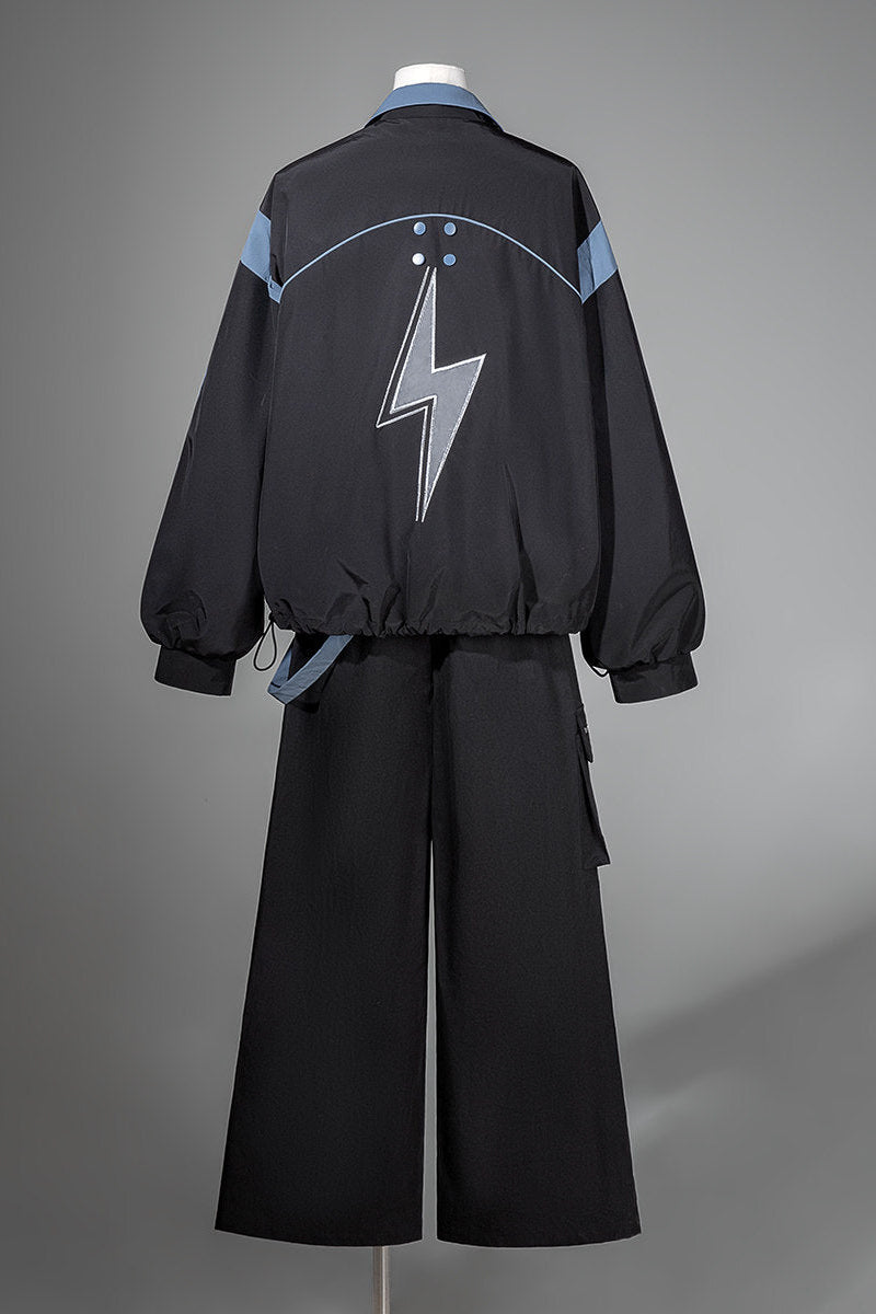 Schwarz-blaues Colorblock-Workwear-Jacken-Sweatshirt und weite Hose im Set
