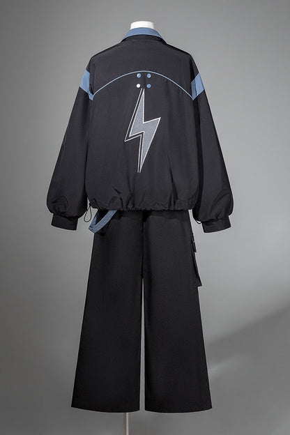 Schwarz-blaues Colorblock-Workwear-Jacken-Sweatshirt und weite Hose im Set