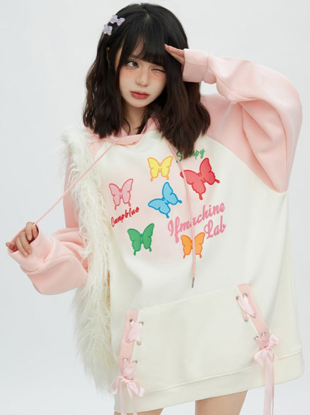 Butterfly Art Bicolor Lace-Up Hooded Hoodie