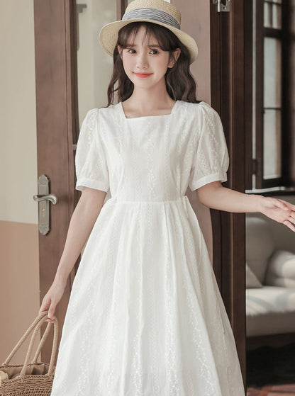 Square color puff sleeve waist dress