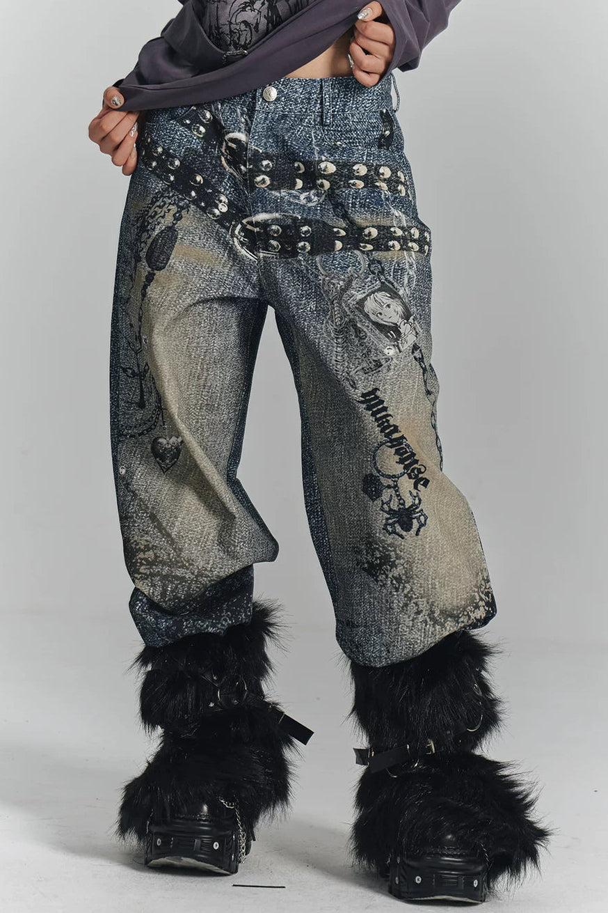 レトロデジタルプリントデニムパンツ