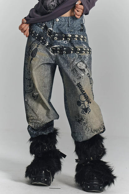 レトロデジタルプリントデニムパンツ