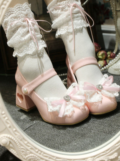 Lolita French Elegant Lace Ribbon Square Toe Love Heel Shoes