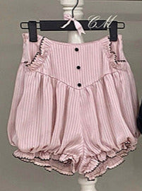 Girly Square Collar Satin Striped Ruffle Top + Pumpkin Bud Pants