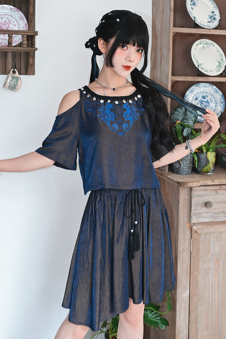 チャイナデザインオフショルダートップス+タッセルスカート