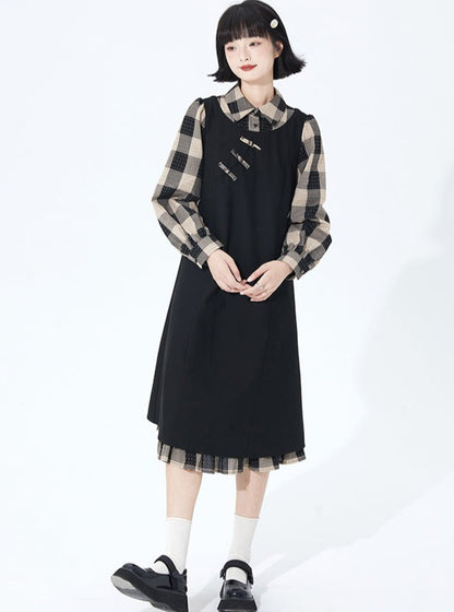 Lantern Sleeveless Lapel Check Dress