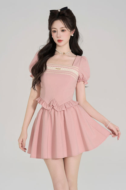 Pink Square Neck Puff Sleeve Top + Flare Skirt