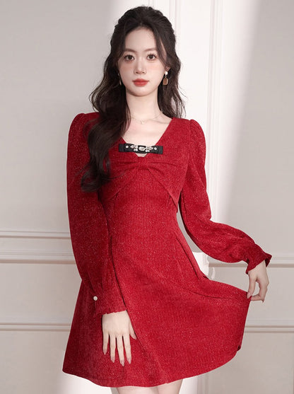 Red Ribbon Design Flared Dress