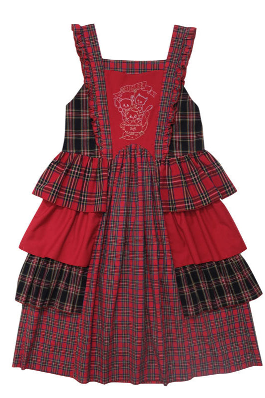 Retro Red Check Flared Ruffle Suspender Skirt