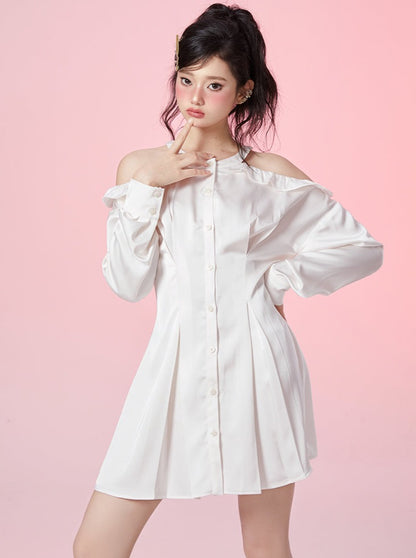 White Tea Open Mock Waist Strap Ress Frill Shirt One Piece