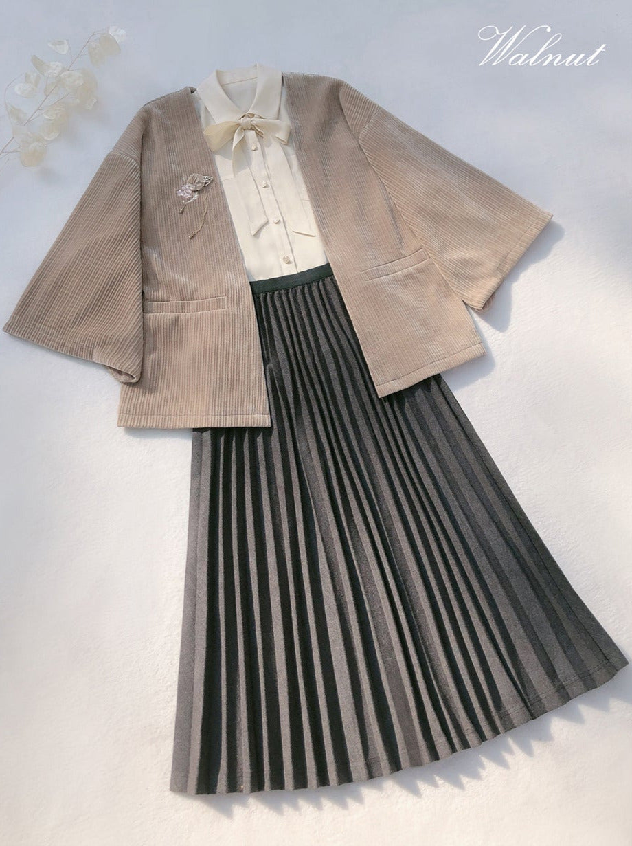 cherry note Showa retro feather jacket + chiffon ribbon shirt + checkered skirt + dark gray skirt + brooch