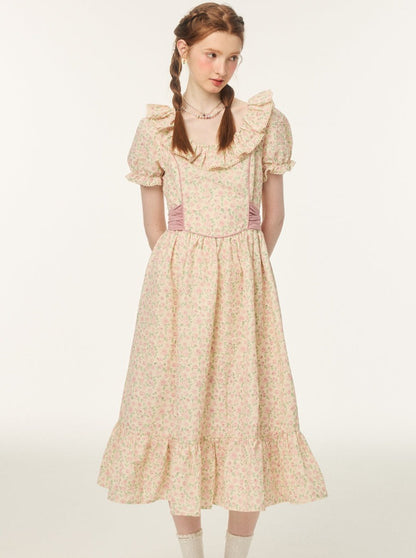 French Retro Romantic Flower Puff Sleeve Dress