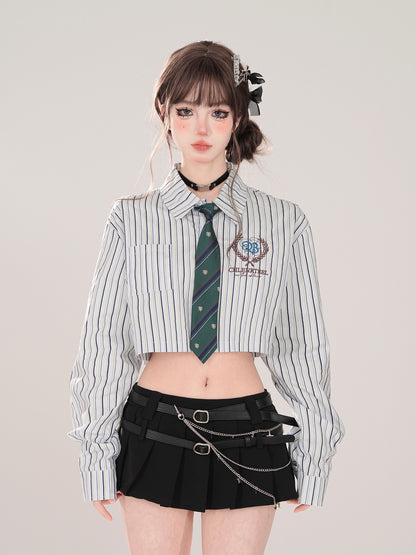High School Style Polo Collar Stripe Short Shirt + Tie Set [Reserved Item].