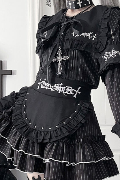 ライトアジアダークスリムロングスリーブトップス+フェイクエプロンショートスカート