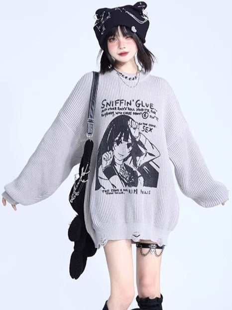 Girl Print Loose Pullover Knit Sweater