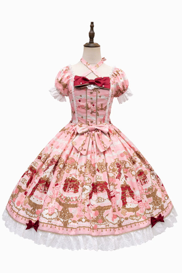 【4月26日予約締切】レトロロマンスイートロリータリボンケーキプリントホルターネックドレス