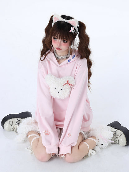 Fluffy Morabito Rabbit Loose Pastel Color Hooded Hooded Hoodie