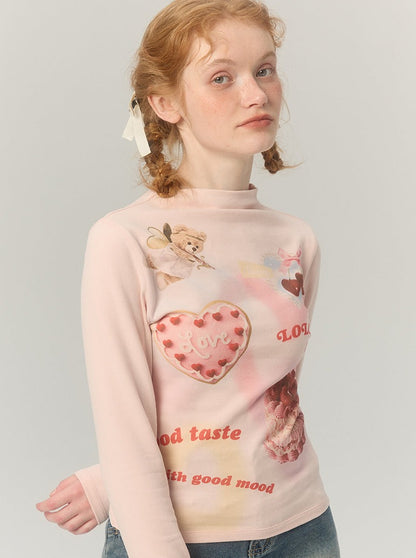 Half Turtle Collar Retro Sweet Illustration Top