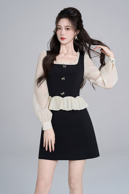 フレンチブラックスクエアネックドレス