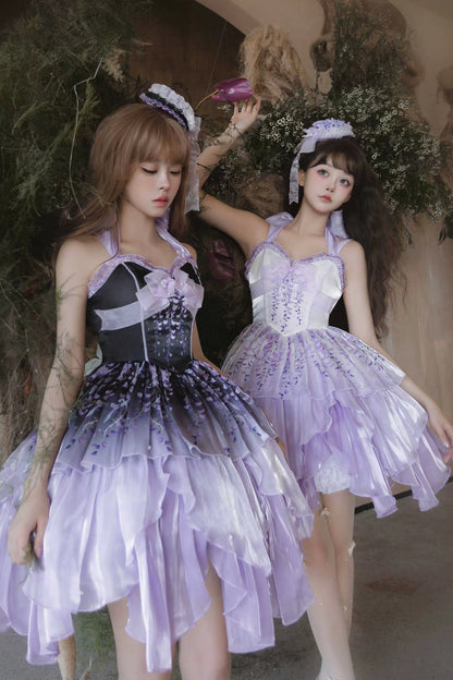[Pre-order Deadline: June 18] Wisteria Purple Gradient Fairy Lolita Bow Layered JSK Dress + Full Set (Dress + Flower Hat)