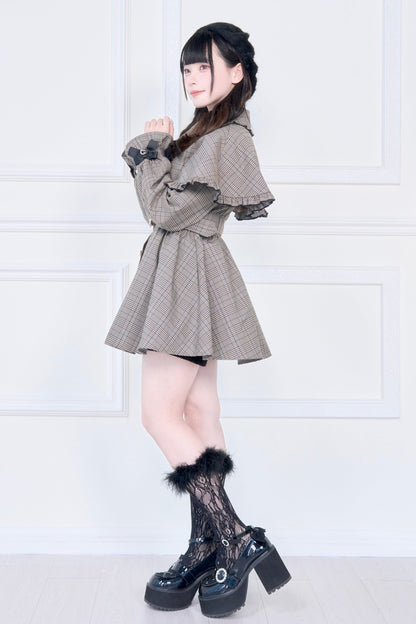 【予約商品】チェックアンドブラックケープショートトレンチクラウンリボンコート