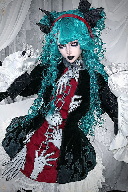 [Pre-order] Dark Green x Red Gothic Prince Velvet Flame 3D Chain Detail Ruffle Lolita Dress
