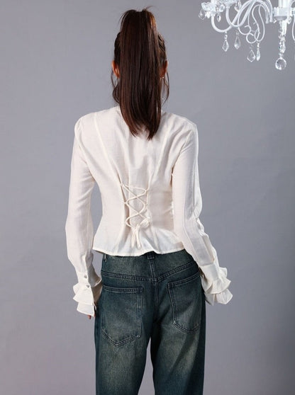 Rose Ruffle Slim Fit French Retro Lace V-Neck Shirt