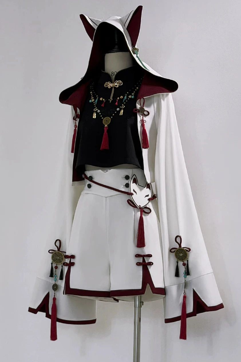 [Reservation Deadline: November 1] White Fox Chinese Fantasy-Style Fox-Ear Hooded Jacket + Black Mandarin-Collar Sleeveless Crop Top + White & Red Fox Shorts