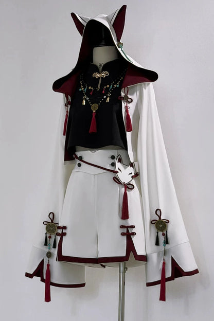 [Reservation Deadline: November 1] White Fox Chinese Fantasy-Style Fox-Ear Hooded Jacket + Black Mandarin-Collar Sleeveless Crop Top + White & Red Fox Shorts
