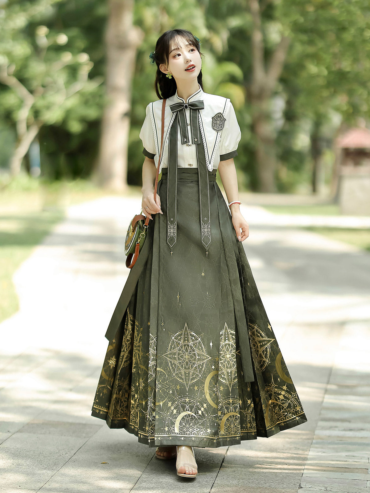 Magic Time and Space China Pointed Collar Ribbon Shirt + Long Skirt