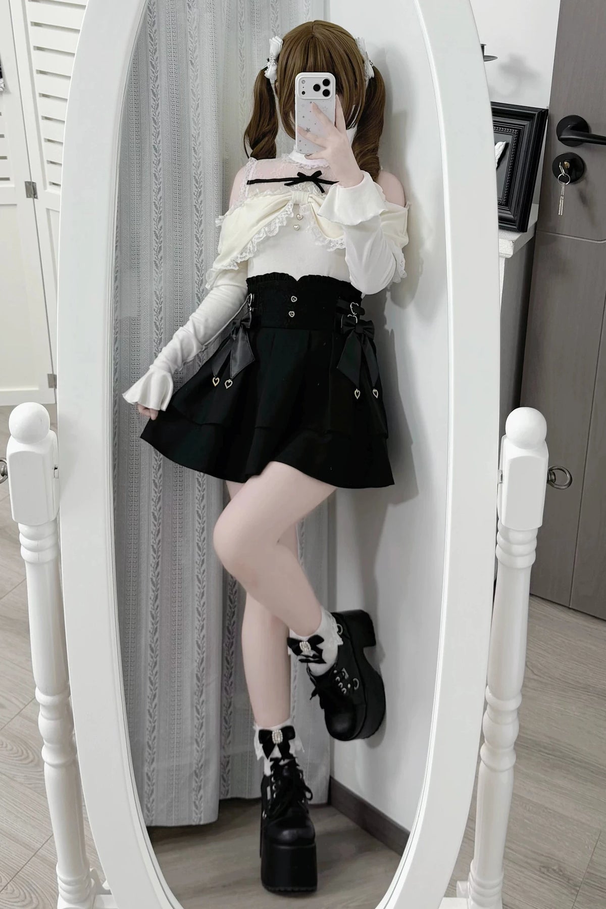 [Pre-order Deadline: October 15] Romantic White Bow Sheer Lace Off-Shoulder Knit Top + Black Bow Lace Layered Mini Skirt