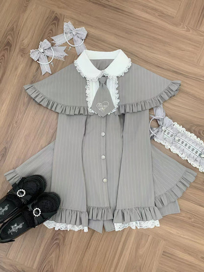 【12月8日予約締切】グレーストライプサブカルケープスーツセット＋ヘアバンド＋ヘアクリップ