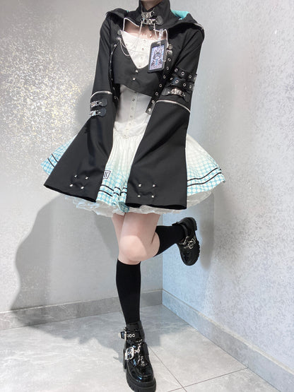 【予約商品】デイリーゴシックレトロパンクスタイルフードジャケット＋プリーツサスペンダースカート