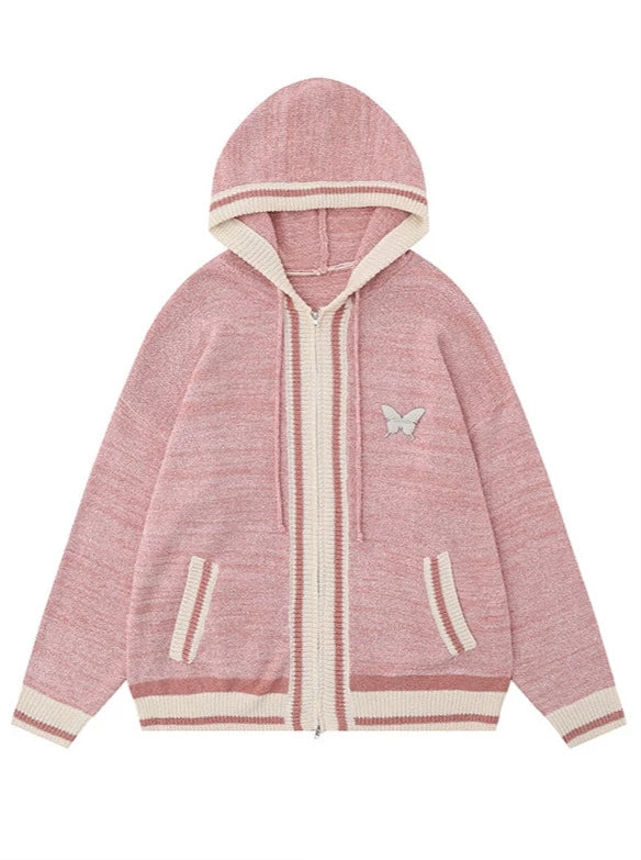 Mixed Knit Hooded Retro Design Cardigan