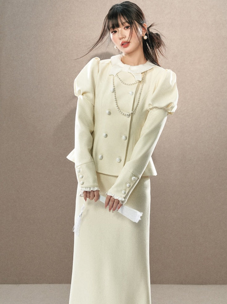 Pastel color puff sleeve double blest coat + high waist tight skirt [Reservation item]