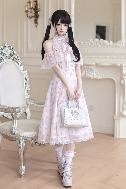 【6月15日予約締切】ピンクフローラルシフォンレースジュエルリボンオープンショルダーロングドレス