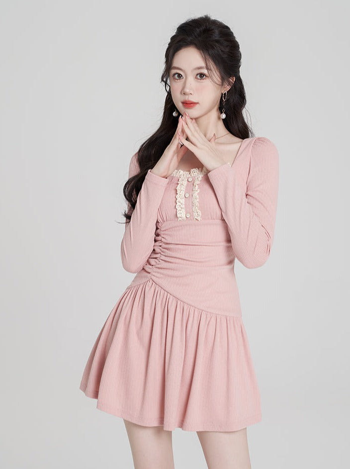 Lace Pleated Sweet Baby Pink Dress