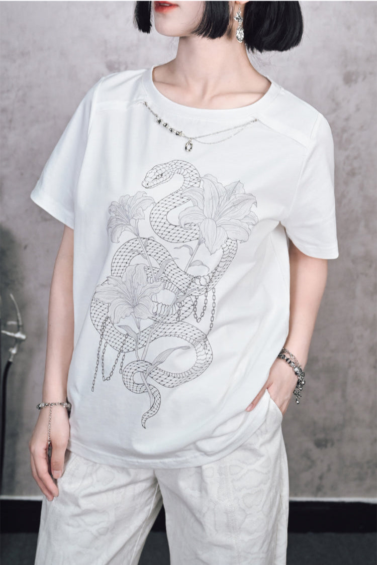 チャイナデザインチェーンホワイトプリントTシャツ
