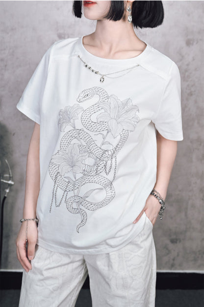 チャイナデザインチェーンホワイトプリントTシャツ