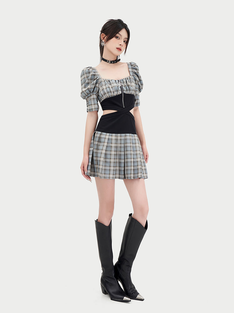 Cool Spicy Square Neck Split Check Dress