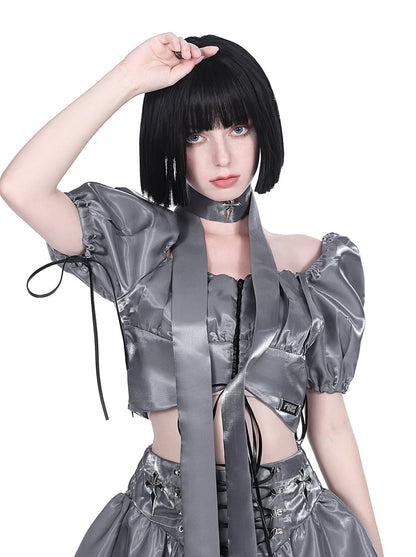 Cyberpunk glitter setup cross neck stole + puff sleeve short top + lace up tulle skirt