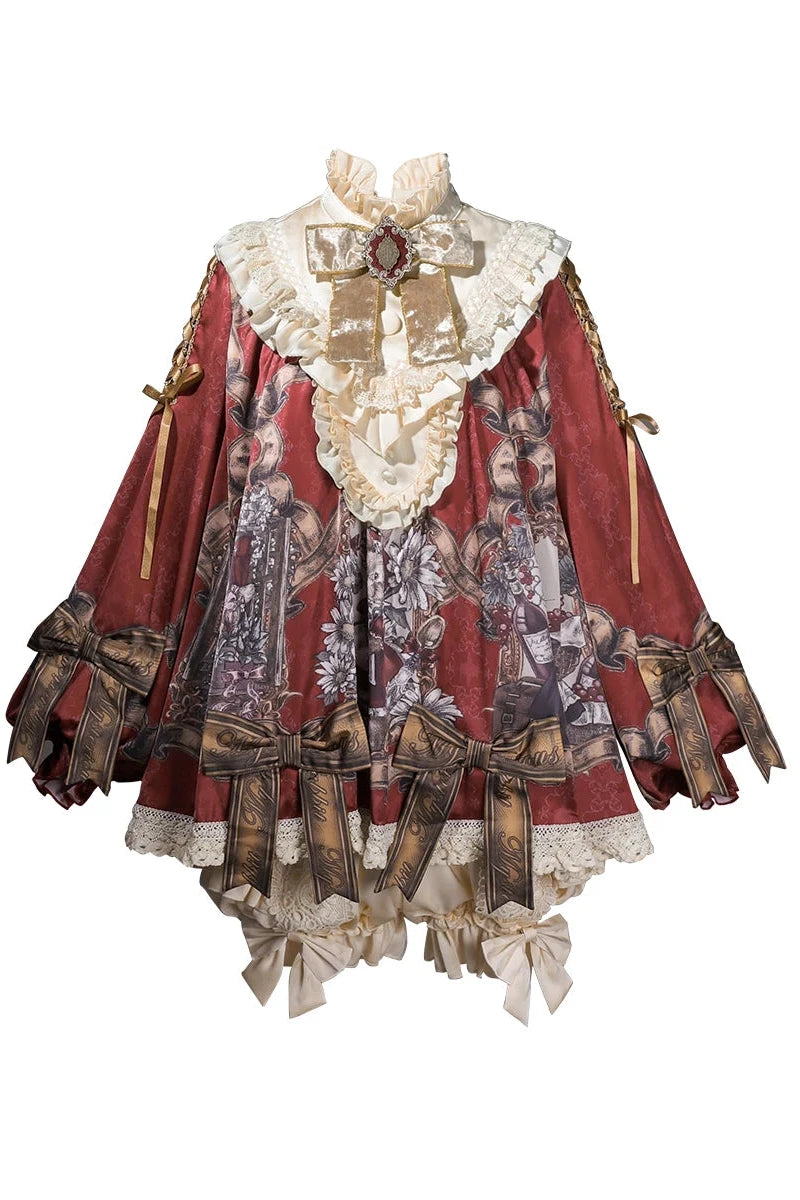 【11月3日予約締切】Antique Bow Burgundy Rabbit Print Frill Doll Dress + Shorts Set