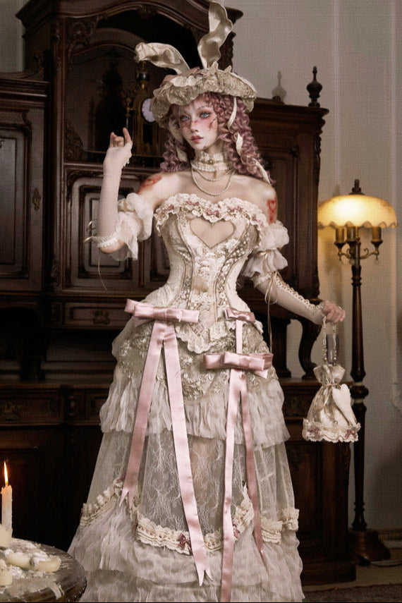 ラブフィッシュボーンコルセットロココフレンチチュニックトリムトップス＋スリーブ＋スリムリボン＋レッグカバー＋チョーカー