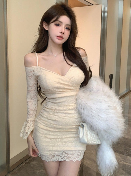 SKIRT French off-the-shoulder suspender lace dress feminine pure desire waist and hip skirt