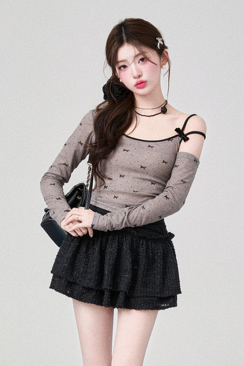 Suspender Off-Shoulder Long Sleeve Top